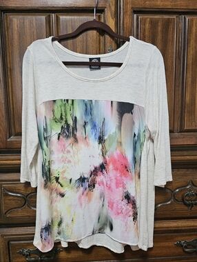 Women's 1X Bobeau Cream Top Abstract Watercolor Print 3/4 Sleeves Round Neck